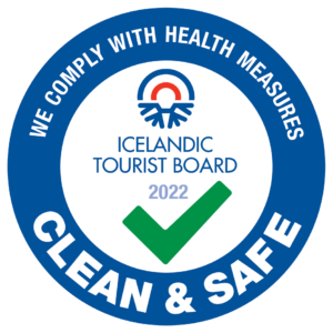 "Clean & Safe" badge from the Icelandic Tourist Board 2022, indicating compliance with health measures.