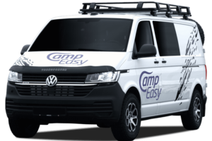 White Volkswagen campervan with CampEasy logo