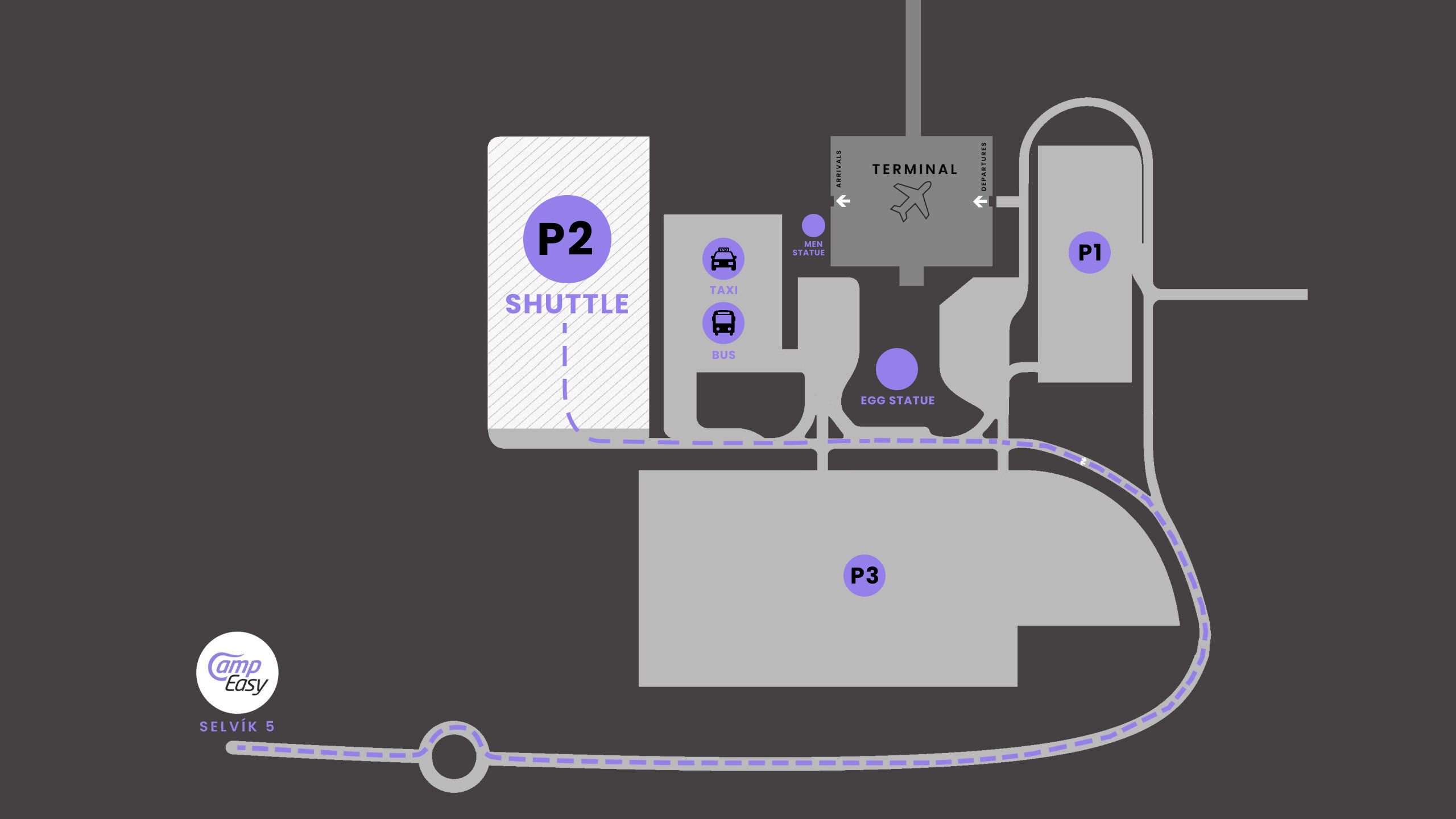 A stylized map of Keflavรญk Airport highlighting P2 Parking, the terminal, taxi area, and route to Camp Easy at Selvik 5.
