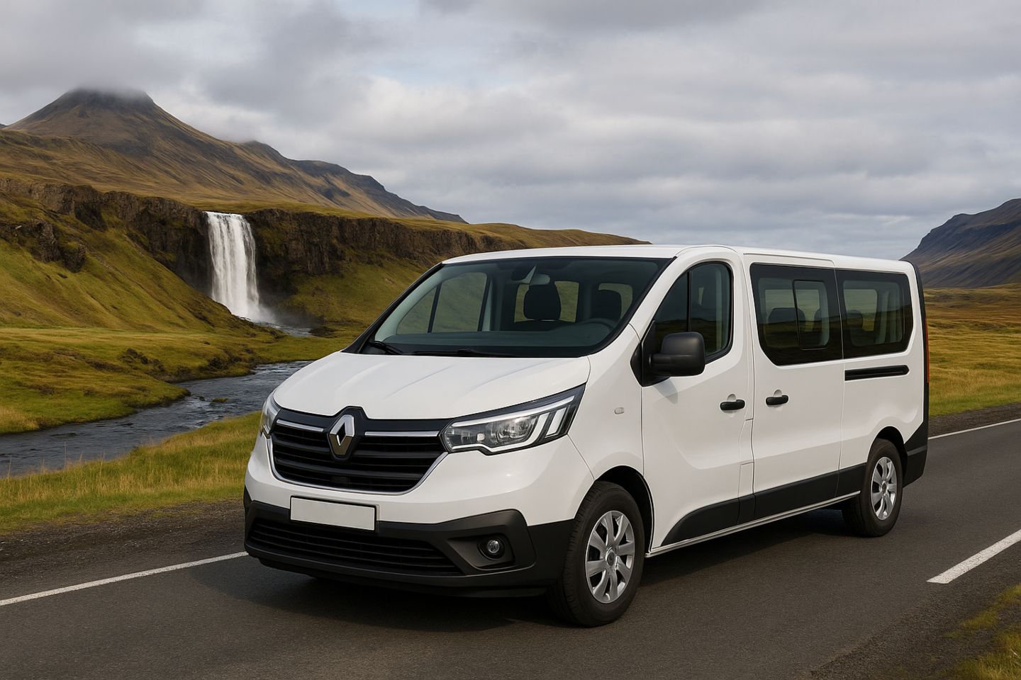 White Renault parked on the paved road next to the green fields, river and waterfall