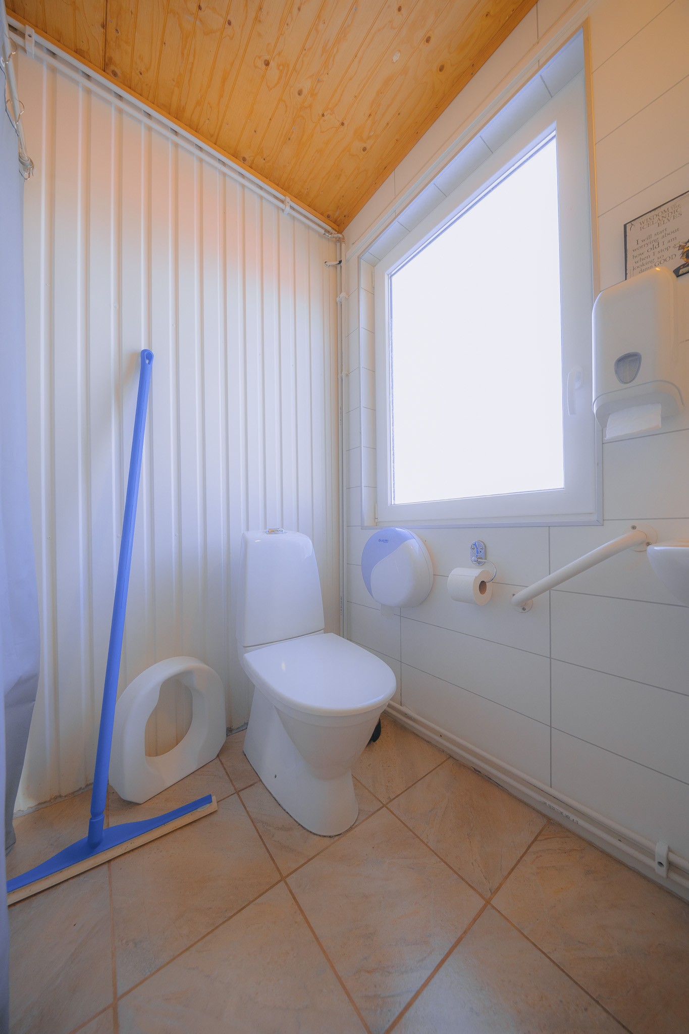 Small bathroom with white toilet and a grab rail beside it. A mop leans against the wall. Bright window, tiled floor, and wooden ceiling.